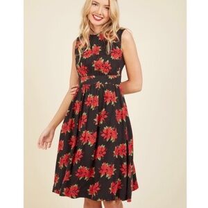 Emily and Fin Chic Black and Red Midi Poinsettia Dress with Elegant Flair Sz M
